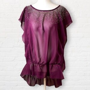 𝅺lane Bryant sheer purple blouse with rhinestones around neckline. Sleeveless